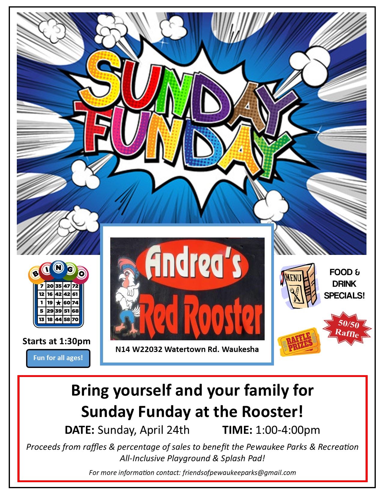 Fundraiser for All-inclusive playground and splash pad Sunday April 24 at Andrea's Red Rooster