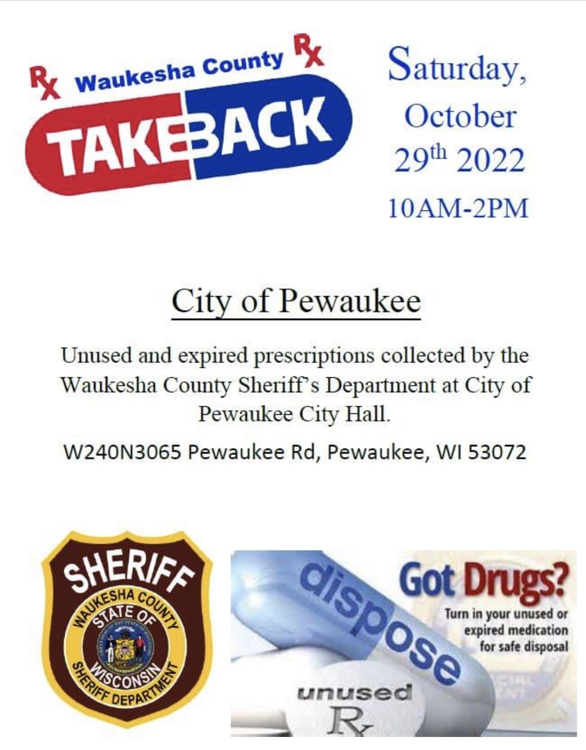 Drug Take Back October 29th 10 am - 2 pm Pewaukee City Hall