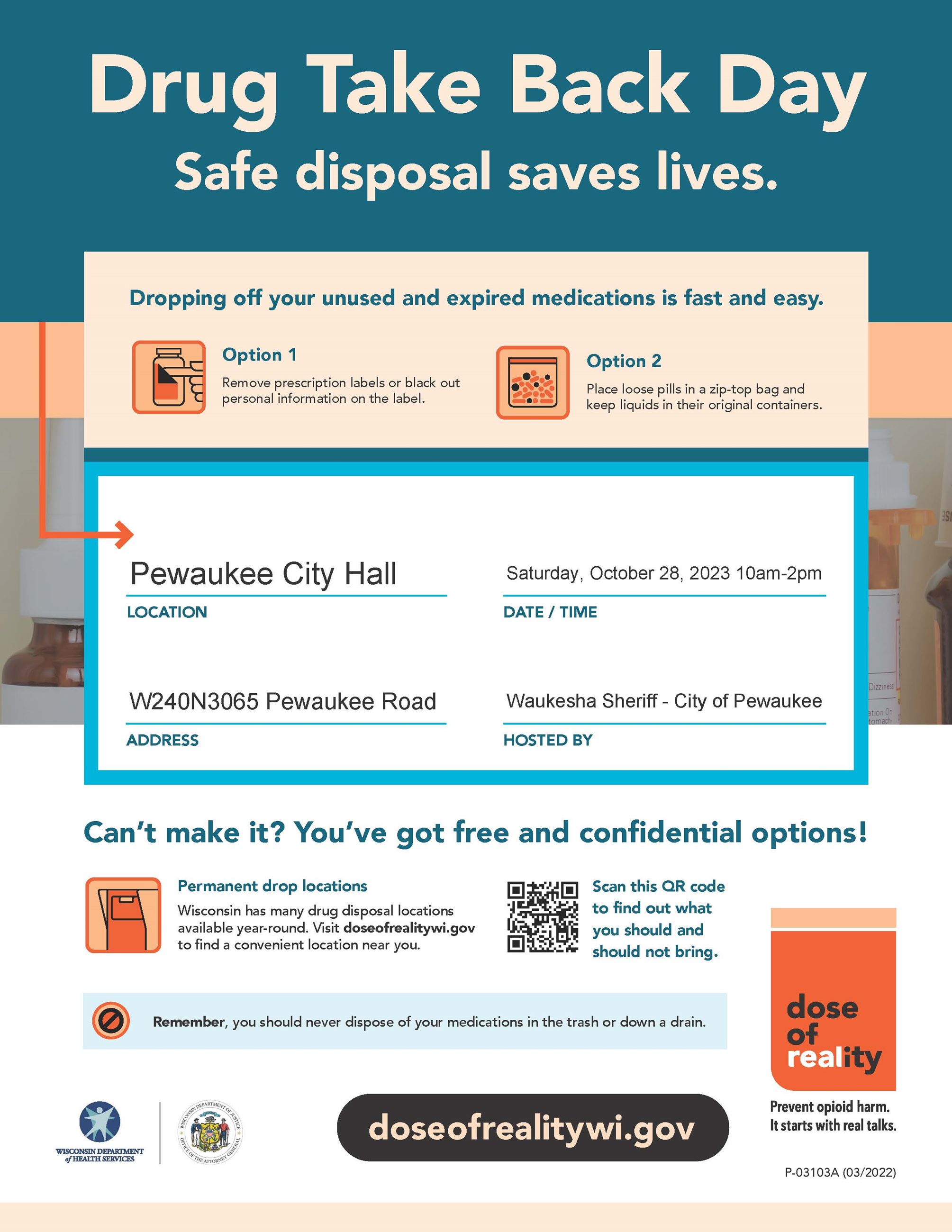 Drug Take Back Day City of Pewaukee City Hall October 28th 10 am to 2 pm