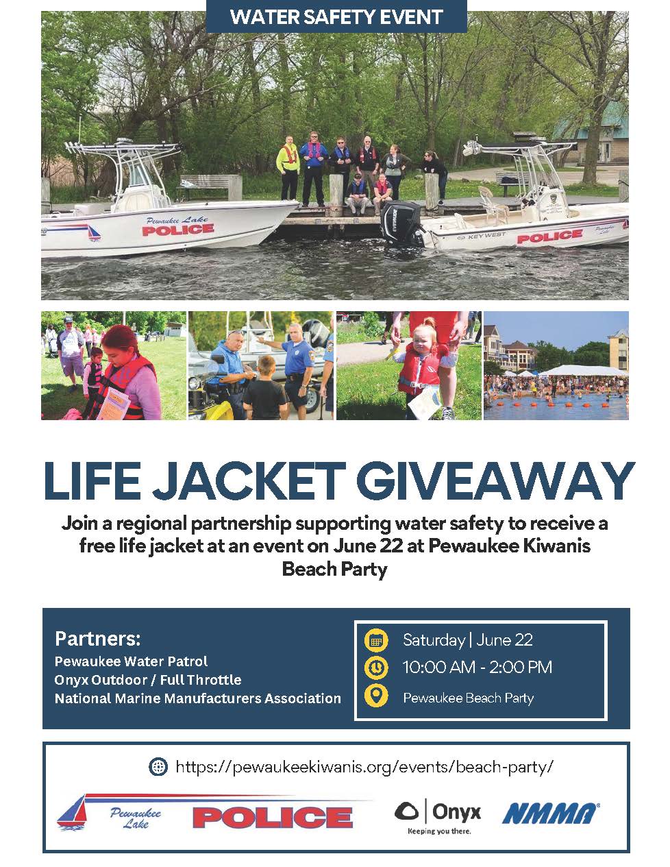 Life Jacket Giveaway June22 2024 at the Pewaukee Kiwanis Beach Party